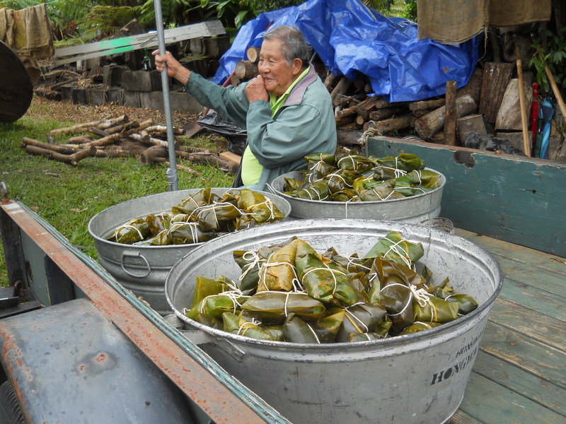 Sitting with three big washtubs of prepared laulau