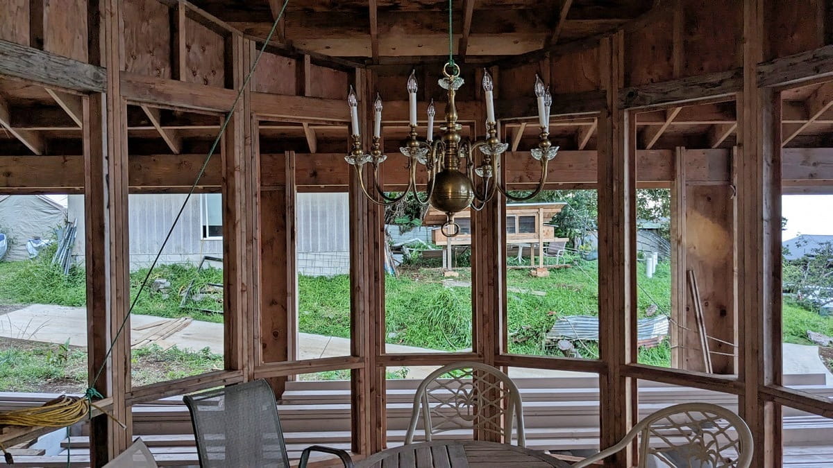looking across the dining area with chandelier