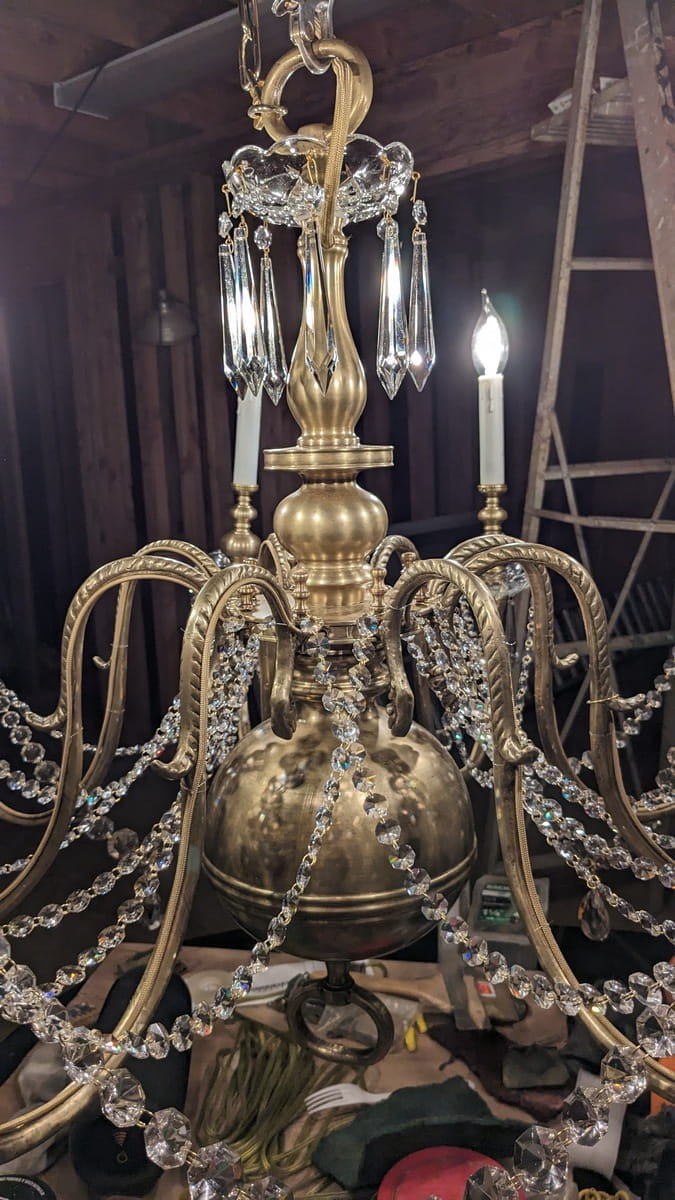 center view of chandelier with crystals added