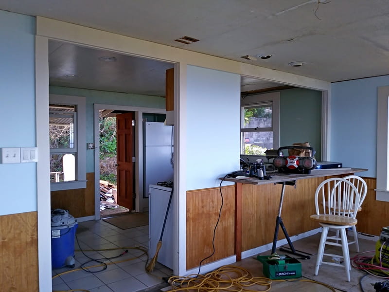 current view of wall between kitchen and living room, December 2019